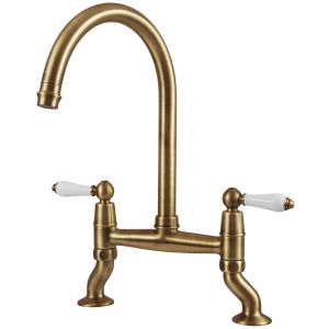 Clearwater Elegance Bridge Twin Lever Brushed Brass Twist & Spray Kitchen Sink Mixer Tap