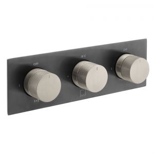 Vado Individual Tablet Knurled Fusion Black and Nickel Horizontal Three Outlet Thermostatic Shower Valve