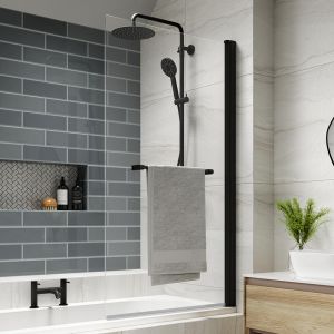Kudos Inspire Matt Black 6mm Single Panel Hinged Bath Screen with Towel Rail