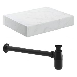 Moods Nature 600mm White Marble Wall Hung Basin Shelf With Black Bottle Trap