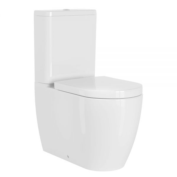 Tissino Davoli Gloss White Rimless Close Coupled Toilet, Cistern and Seat with Brushed Brass Fixings