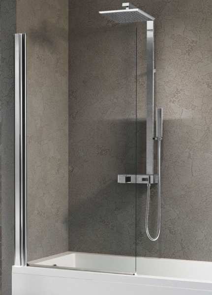 Novellini Aurora 1 Hinged Bath Screen SILVER Finish AQUA Glass 1500mm x 850mm