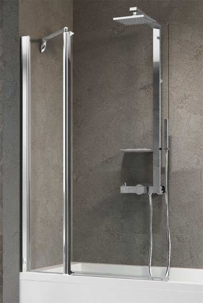 Novellini Aurora 3 Hinged Bath Screen With Fixed Panel SILVER Finish AQUA Glass 1500mm x 980mm