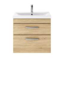 Nuie Athena Natural Oak Wall Hung 600mm Cabinet and Basin 1 ATH045A