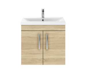 Nuie Athena Natural Oak Wall Hung 600mm Cabinet and Basin 1 ATH091A
