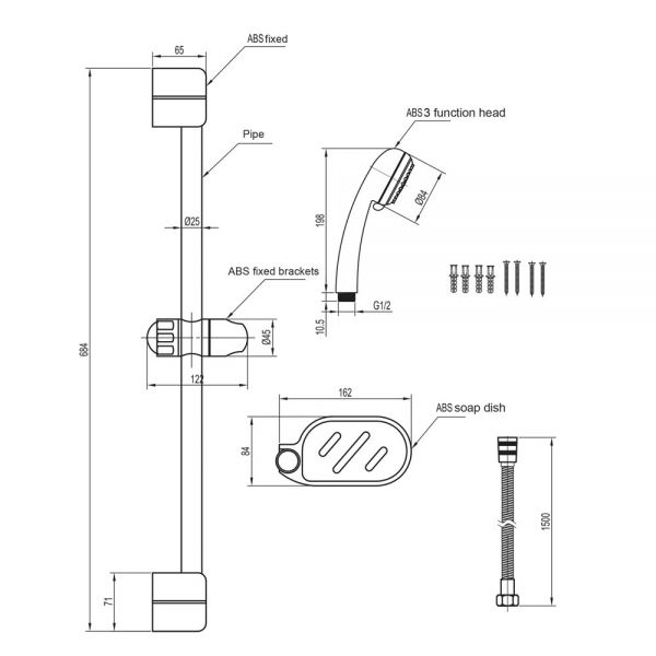 JTP Jet Chrome 640mm Slide Rail Shower Kit with Handset, Hose and Soap Dish #2