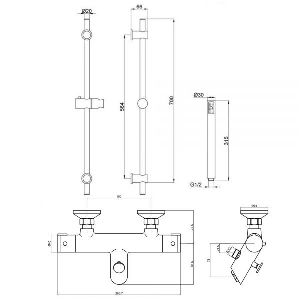 JTP Chrome Thermostatic Exposed Bar Shower Valve Kit with Bath Spout and Multifunction Handset #2