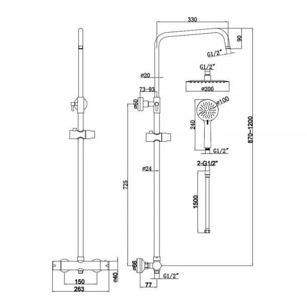 Highlife Spey 2 Matt Black Exposed Thermostatic Rigid Riser Shower Kit #2