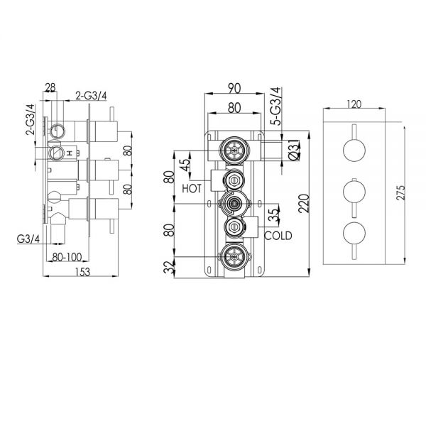 JTP Florence Chrome Vertical Three Outlet Thermostatic Shower Valve #2