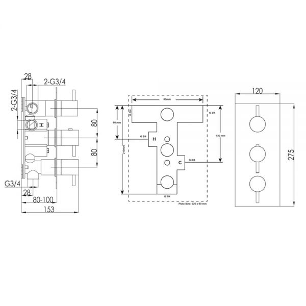 JTP Florence Chrome Horizontal Three Outlet Thermostatic Shower Valve #2