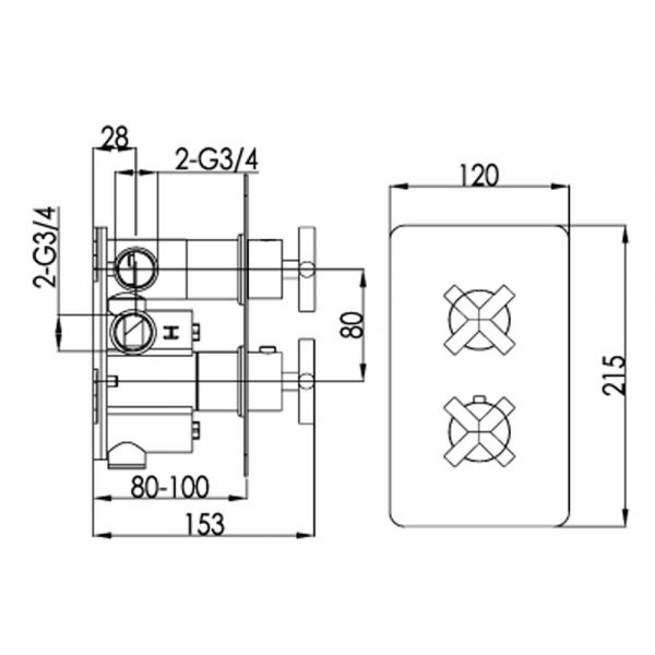 JTP Solex Chrome Three Outlet Two Handle Thermostatic Shower Valve 16681A