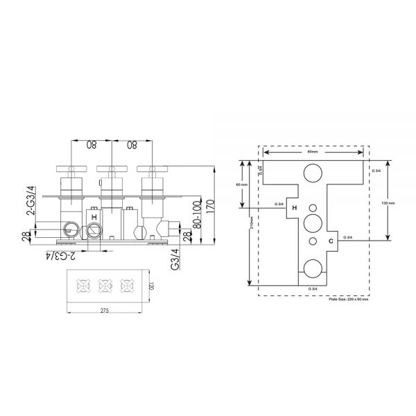 JTP Solex Chrome Horizontal Three Outlet Thermostatic Shower Valve #2