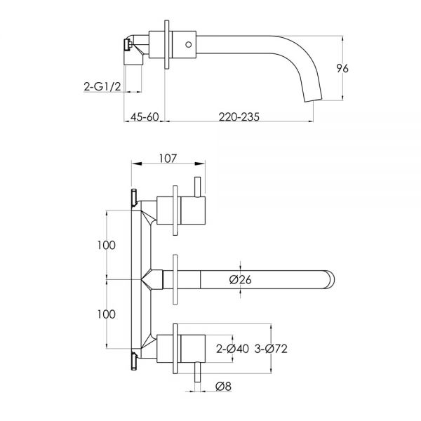 JTP VOS Brushed Bronze 3 Hole Wall Mounted Basin Mixer Tap #2