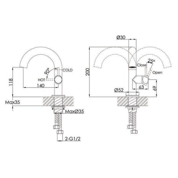 JTP VOS Brushed Bronze Swivel Spout Side Lever Basin Mixer Tap #2