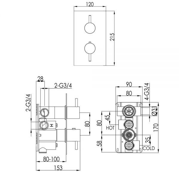 JTP VOS Brushed Bronze Two Outlet Thermostatic Shower Valve #2