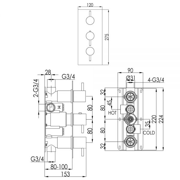 JTP VOS Brushed Bronze Vertical Two Outlet Three Handle Thermostatic Shower Valve #2