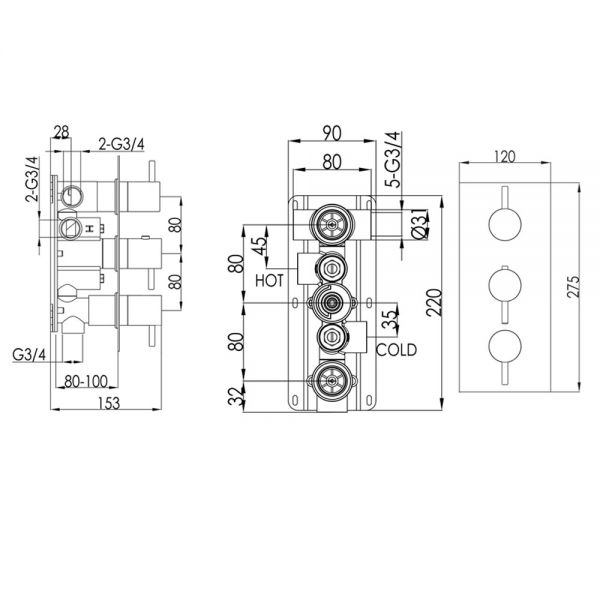 JTP VOS Brushed Bronze Vertical Three Outlet Thermostatic Shower Valve #2