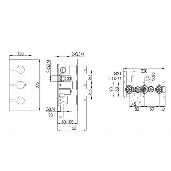 JTP VOS Brushed Bronze Horizontal Three Outlet Thermostatic Shower Valve #2