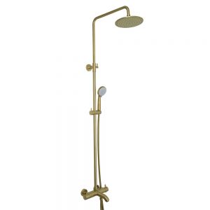 JTP VOS Brushed Brass Thermostatic Exposed Bar Shower Valve Kit with Adjustable Riser and Bath Spout