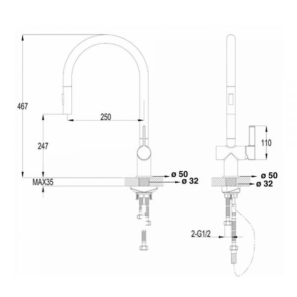 JTP VOS Brushed Brass Pull Out Kitchen Mixer Tap 23127BBR