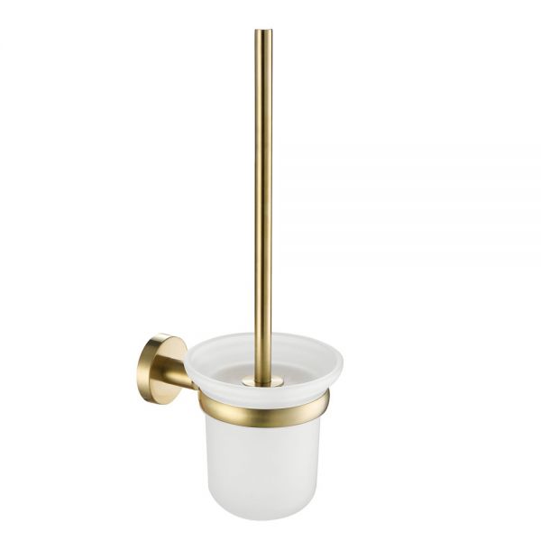 JTP VOS Brushed Brass Wall Mounted Toilet Brush Set with Frosted Glass Holder