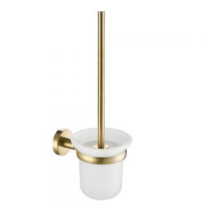 JTP VOS Brushed Brass Wall Mounted Toilet Brush Set with Frosted Glass Holder