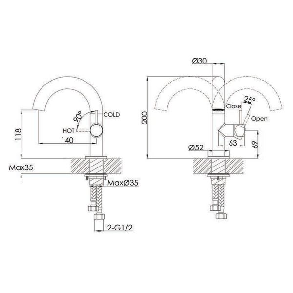 JTP VOS Brushed Brass Swivel Spout Side Lever Basin Mixer Tap #2