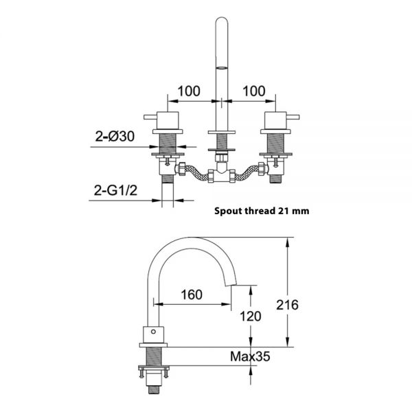 JTP VOS Brushed Brass 3 Hole Basin Mixer Tap #2