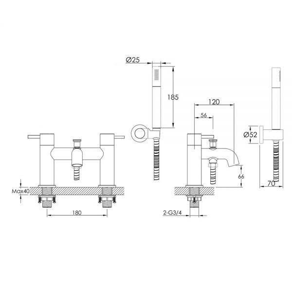 JTP VOS Brushed Brass Deck Mounted Bath Shower Mixer Tap #2