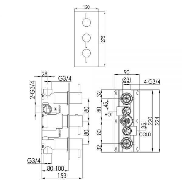 JTP VOS Brushed Brass Vertical Two Outlet Three Handle Thermostatic Shower Valve #2