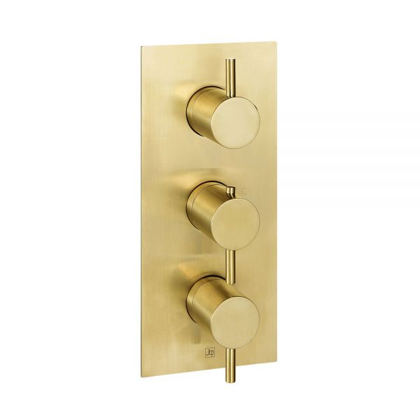 JTP VOS Brushed Brass Vertical Two Outlet Three Handle Thermostatic Shower Valve