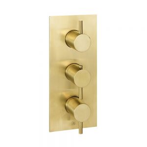 JTP VOS Brushed Brass Vertical Two Outlet Three Handle Thermostatic Shower Valve