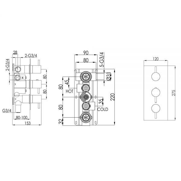 JTP VOS Brushed Brass Vertical Three Outlet Thermostatic Shower Valve #2