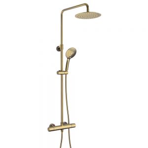 JTP VOS Brushed Brass Thermostatic Cool Touch Exposed Bar Shower Valve Kit with Adjustable Riser