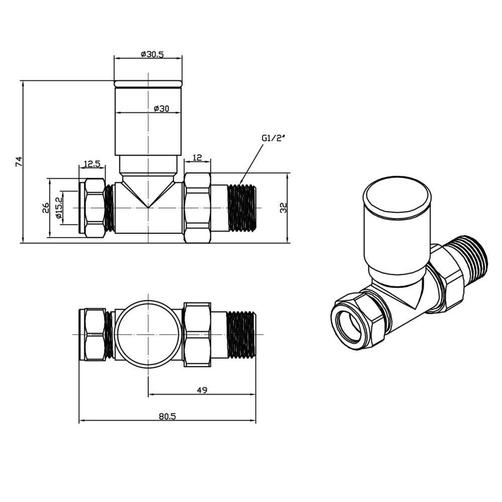 JTP Brushed Brass Straight Manual Radiator Valves 23RVSBBR