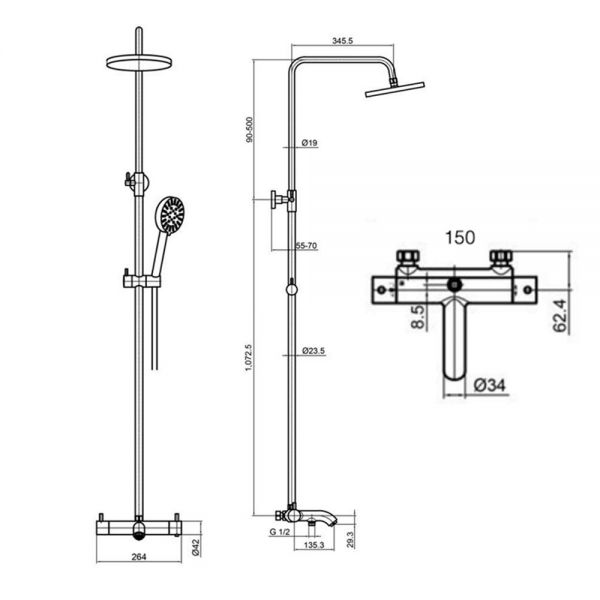 JTP VOS Brushed Black Thermostatic Exposed Bar Shower Valve Kit with Adjustable Riser and Bath Spout #2