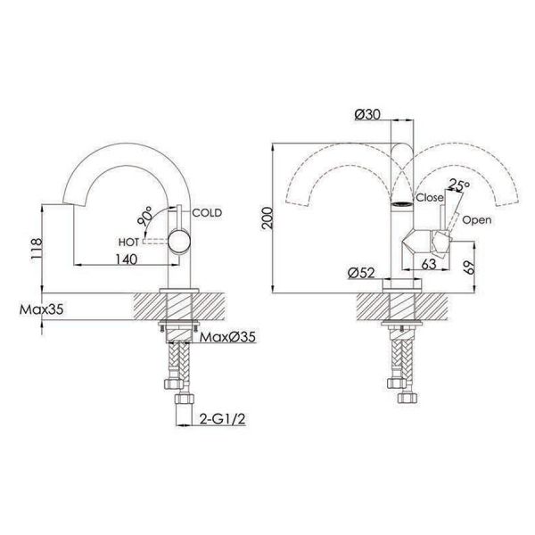 JTP VOS Brushed Black Swivel Spout Side Lever Basin Mixer Tap #2