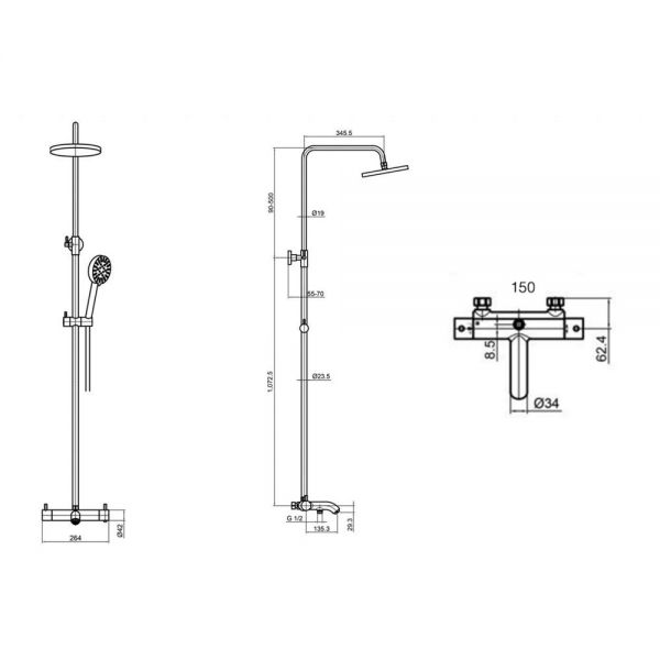 JTP VOS Matt Black Thermostatic Exposed Bar Shower Valve Kit with Adjustable Riser and Bath Spout #2