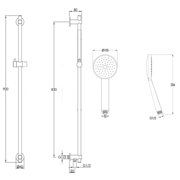 JTP VOS Matt Black 900mm Slide Rail Shower Kit with Round Handset and Hose #2