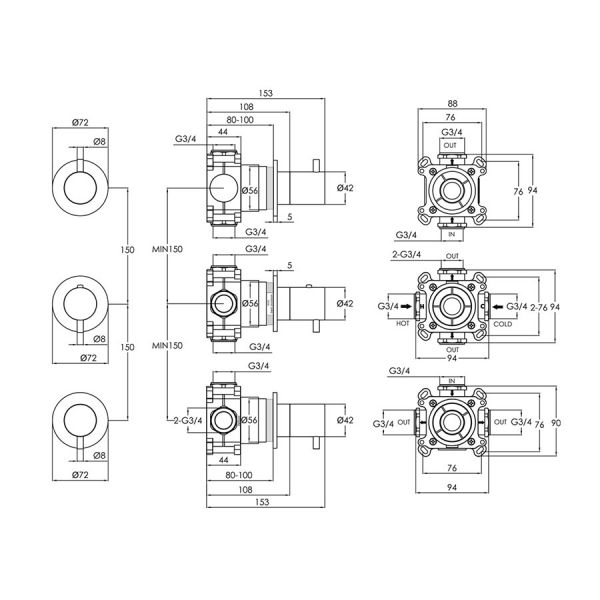 JTP VOS Matt Black Modular Thermostatic Concealed 3 Outlet Shower Valve #2
