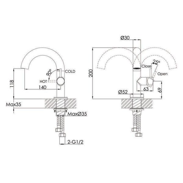 JTP VOS Matt Black Swivel Spout Side Lever Basin Mixer Tap #2
