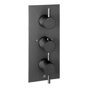 JTP VOS Matt Black Vertical Two Outlet Three Handle Thermostatic Shower Valve