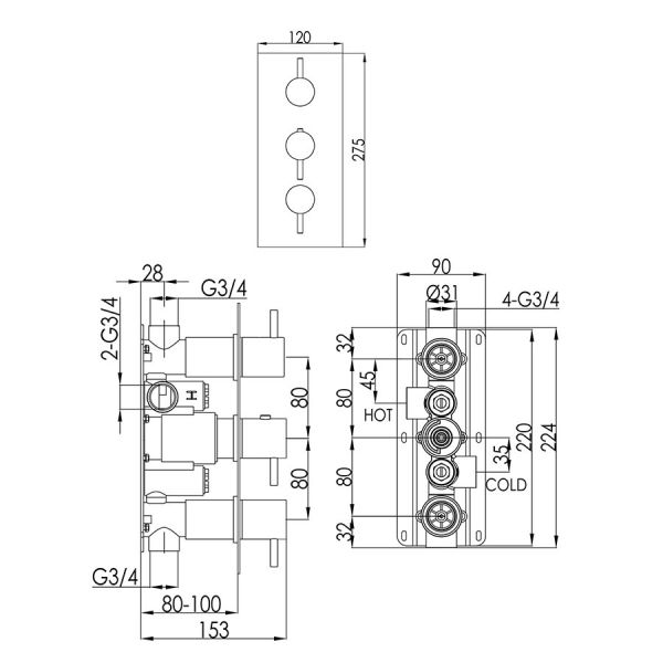 JTP VOS Matt Black Vertical Three Outlet Thermostatic Shower Valve #2