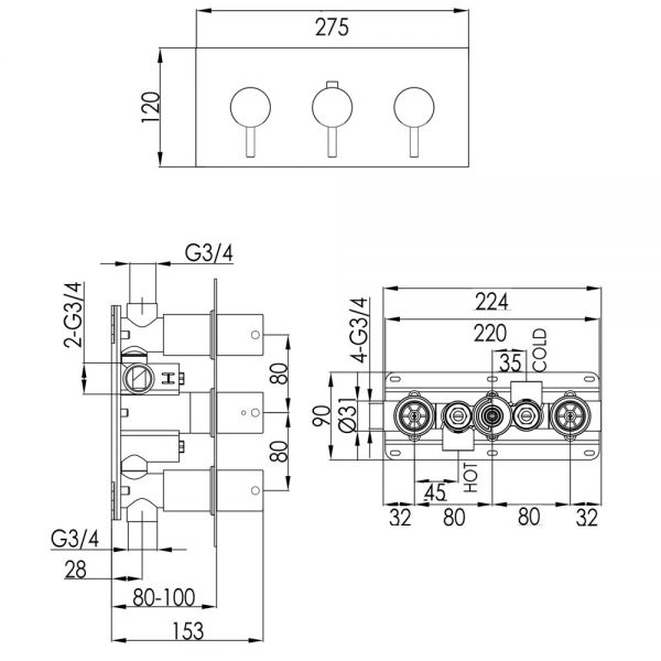 JTP VOS Matt Black Horizontal Two Outlet Thermostatic Shower Valve #2