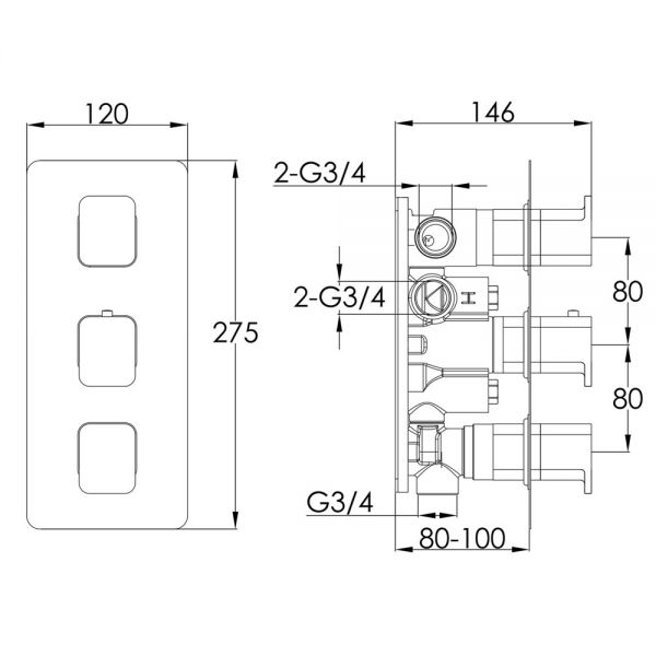 JTP HIX Chrome Vertical Three Outlet Thermostatic Shower Valve #2