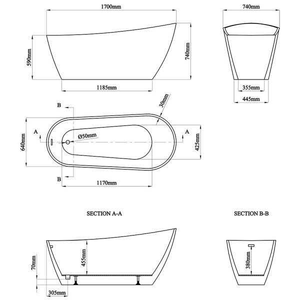 Eastbrook Wickham Gloss White Freestanding Slipper Bath 1700 x 640mm #3