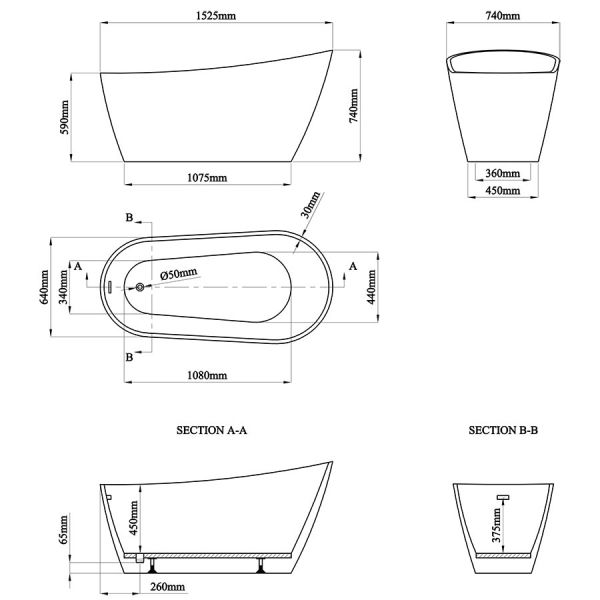 Eastbrook Wickham Gloss White Freestanding Slipper Bath 1525 x 640mm #2
