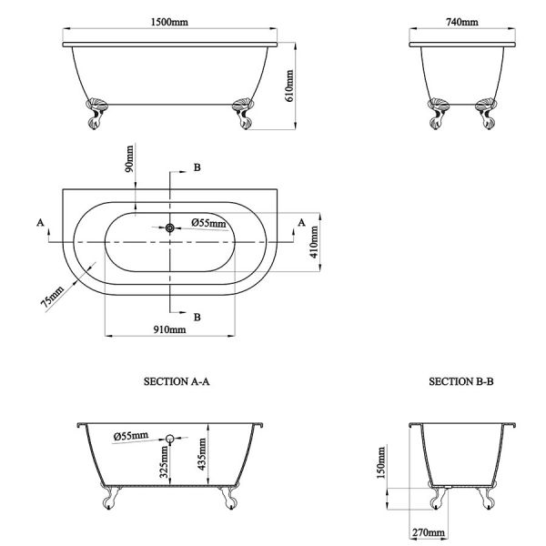 Eastbrook Mortlake Gloss White Freestanding Back to Wall Traditional Bath 1500 x 740 #3
