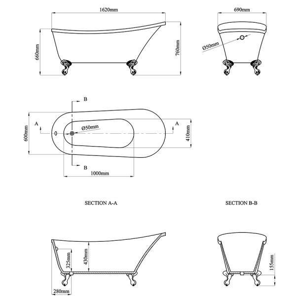 Eastbrook Richmond Gloss White Traditional Freestanding Slipper Bath 1620 x 690mm #3
