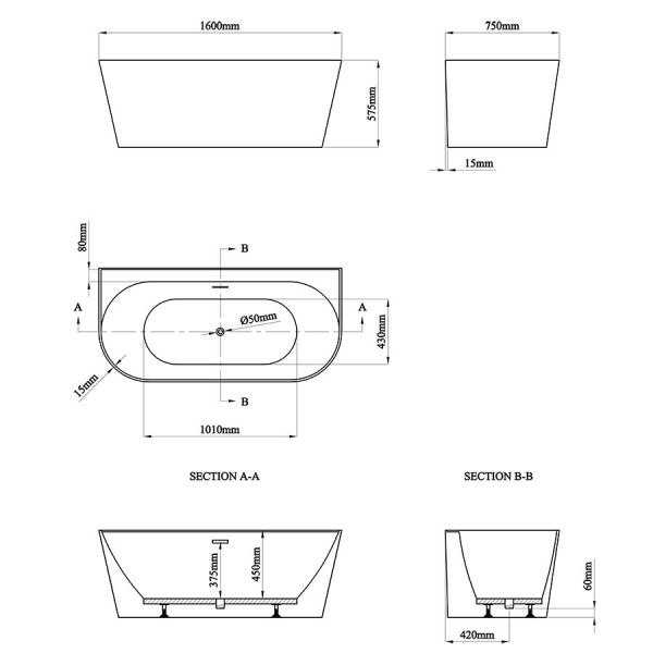 Eastbrook Brockland Gloss White Freestanding Back to Wall Bath 1600 x 750 #3